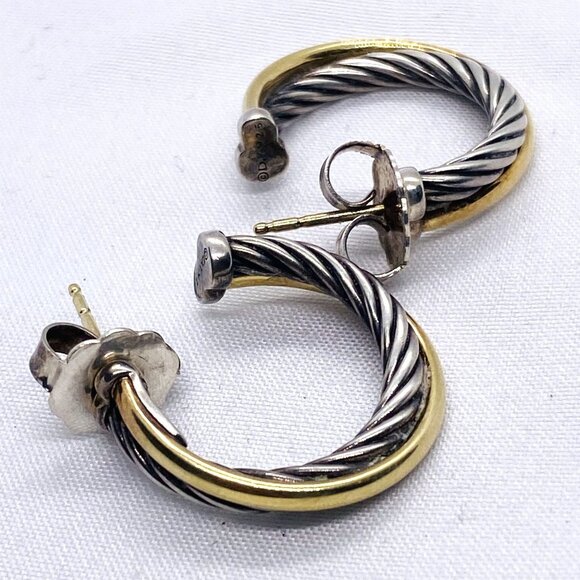 David Yurman Sterling Silver 925 18K Bonded Yellow Gold Crossover Hoops - Picture 2 of 10
